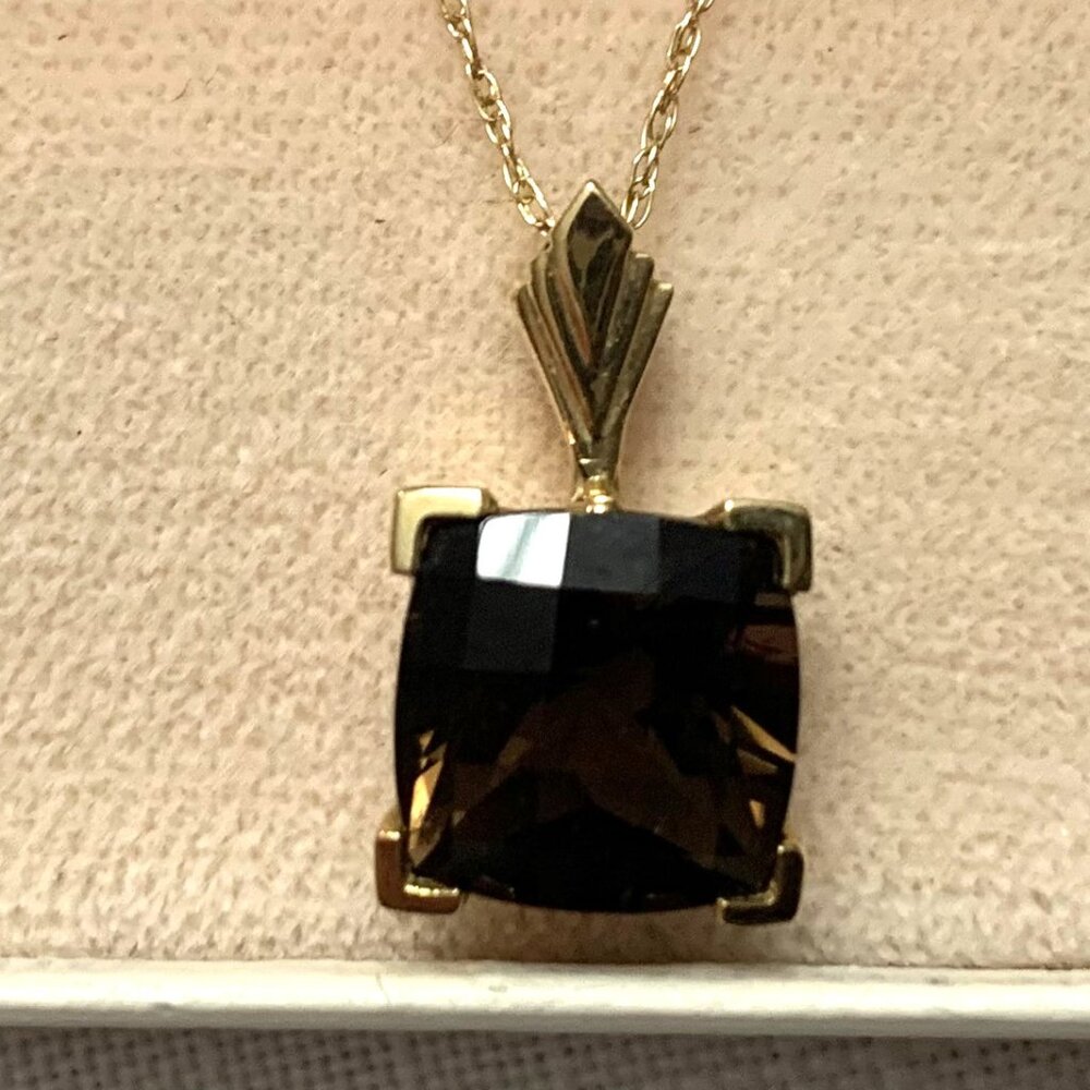 Genuine Brown Quartz 14K Gold Cushion 10-inch Pendant Necklace